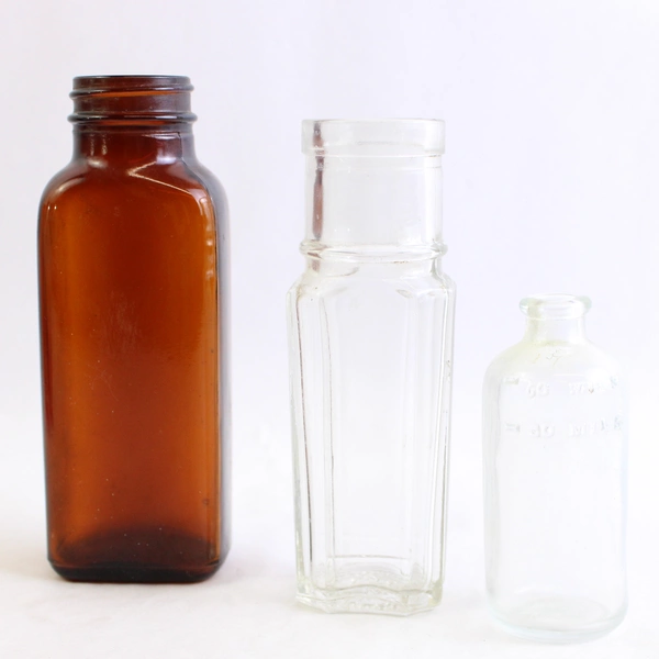 Lot of 8 Vintage Brown Blue Clear Apothecary Medicine & Condiment Bottles