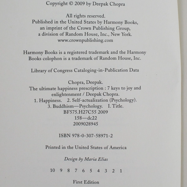 The Ultimate Happiness Prescription by Deepak Chopra 2009 Hardcover Dust Jacket