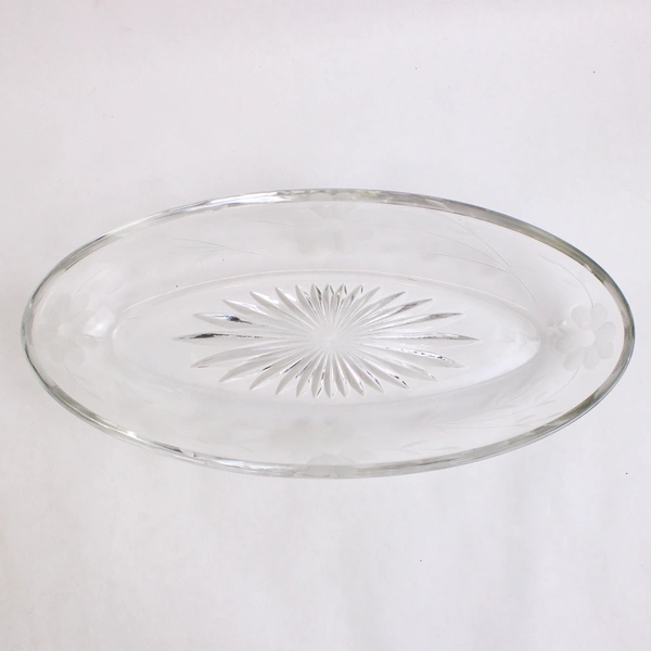 Unmarked Vintage Clear Etched Glass Oval Celery Dish 10"