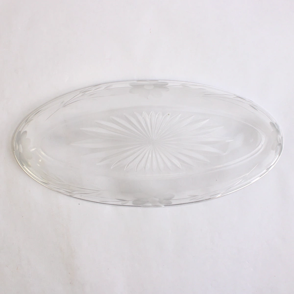 Unmarked Vintage Clear Etched Glass Oval Celery Dish 10"