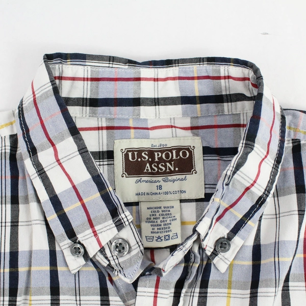 U.S. Polo Assn Boys Size 18 Button Up Shirt Top Plaid Short Sleeve 100% Cotton