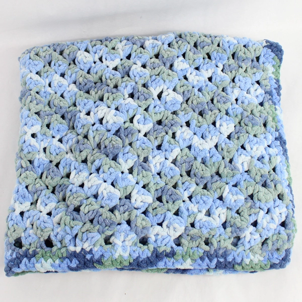 Handmade Crocheted Blue and Green Soft Baby Blanket 33" x 36"