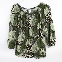 Carol Rose Women's Green Paisley Leopard Pattern Blouse Size M Polyester Blend 