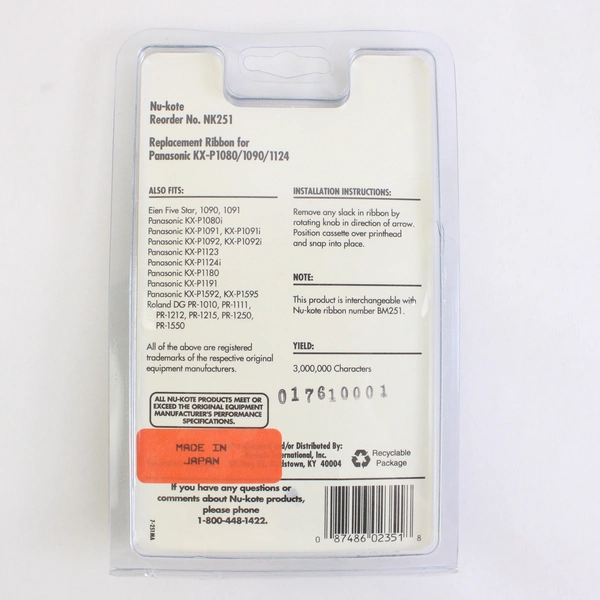 Nukote Ribbon For Panasonic KX-P1080/1090/1124 & Others Black Japanese Made