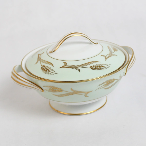 Noritake China 5267 Alice Green White Covered Sugar Bowl Handles Gold Accents