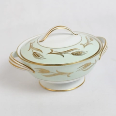 Noritake China 5267 Alice Green White Covered Sugar Bowl Handles Gold Accents