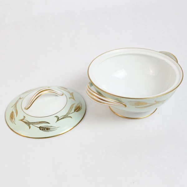 Noritake China 5267 Alice Green White Covered Sugar Bowl Handles Gold Accents