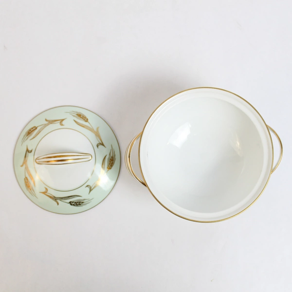 Noritake China 5267 Alice Green White Covered Sugar Bowl Handles Gold Accents
