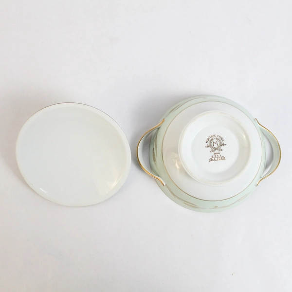 Noritake China 5267 Alice Green White Covered Sugar Bowl Handles Gold Accents