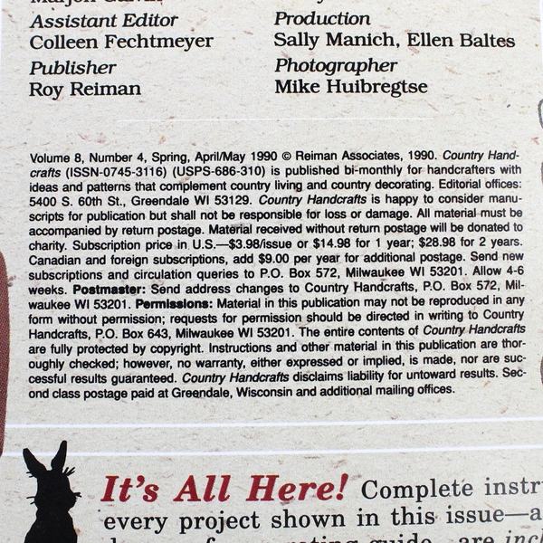 Country Handcrafts Magazine Spring 1990 Featuring Full-Size Patterns