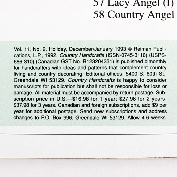 Country Handcrafts Magazine Holiday 1992 Featuring Full-Size Patterns