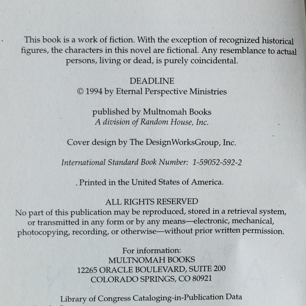 Deadline by Randy Alcorn 2006 Multnomah Paperback Thriller Mystery Good