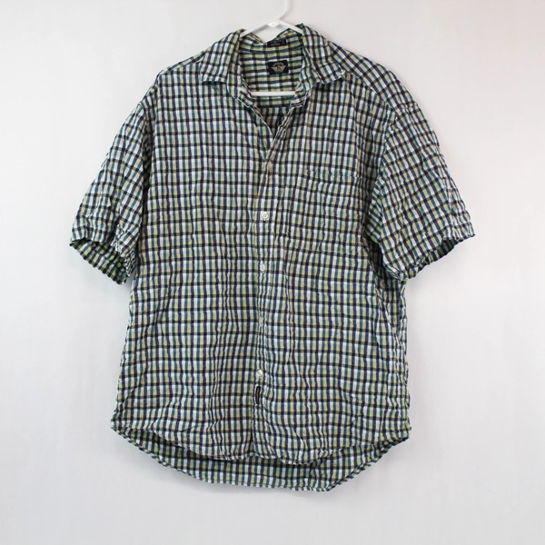 Dockers Men's Short Sleeve Button-Up Shirt Yellow Blue Plaid Size M Cotton