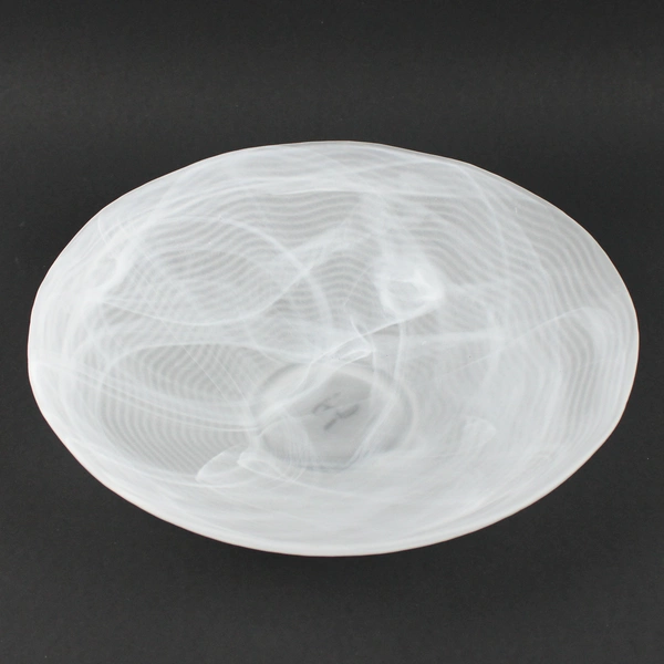 Handmade White Art Glass Bowl Signed Abstract Wave Swirl Pattern Decorative