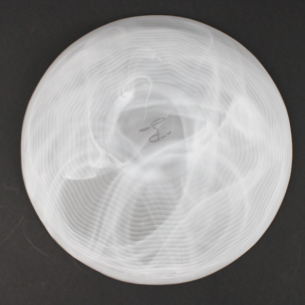 Handmade White Art Glass Bowl Signed Abstract Wave Swirl Pattern Decorative