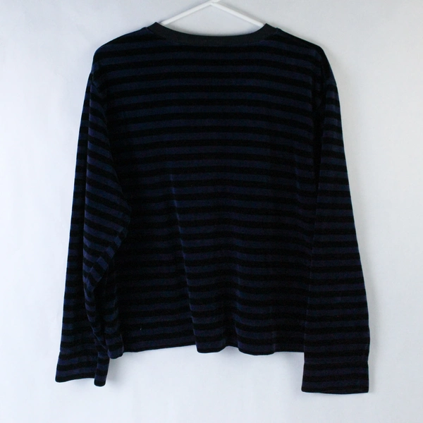 Sag Harbor Women's Large Blue Black Striped Velvet V-Neck Pullover Top