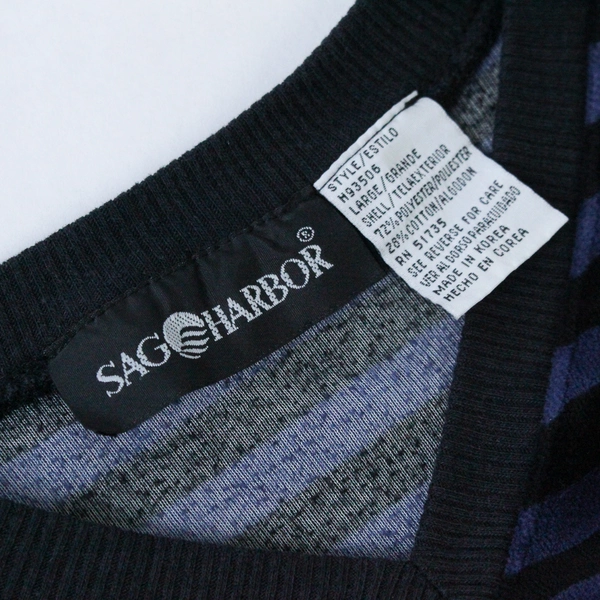 Sag Harbor Women's Large Blue Black Striped Velvet V-Neck Pullover Top