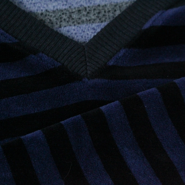 Sag Harbor Women's Large Blue Black Striped Velvet V-Neck Pullover Top