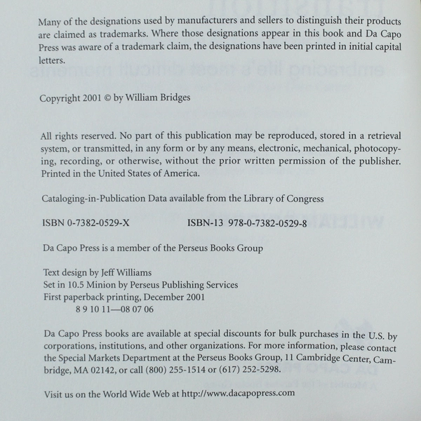 The Way of Transition by William Bridges 2001 Paperback Pre-Owned Condition