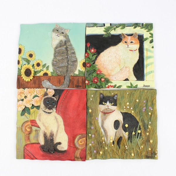 Set of 4 Handmade 3D Resin Cat Wall Art Tiles Artist Signed Durham