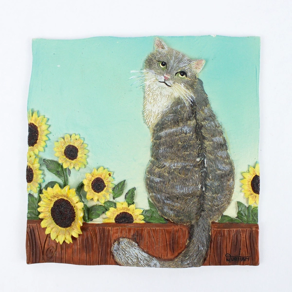 Set of 4 Handmade 3D Resin Cat Wall Art Tiles Artist Signed Durham