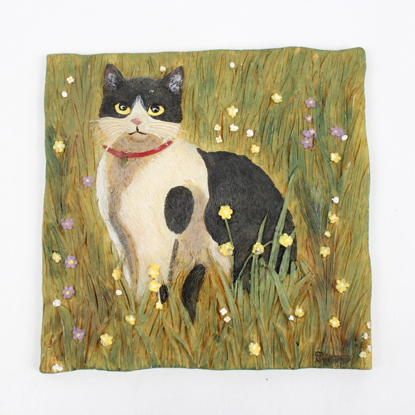 Set of 4 Handmade 3D Resin Cat Wall Art Tiles Artist Signed Durham