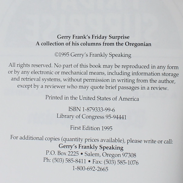 Gerry Frank's Friday Surprise Frank 1995 Hardcover Signed First Edition
