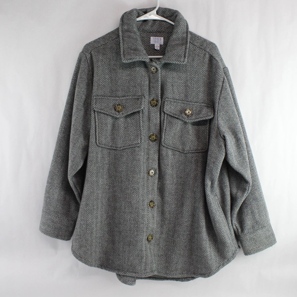 Time And Tru Women's Gray White Chevron Pattern Button Up Jacket Size L 12-14