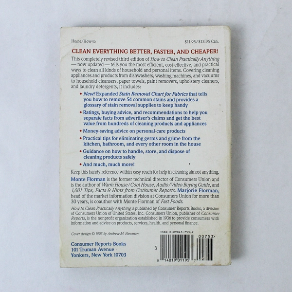 How to Clean Practically Anything - Consumer Reports 1993 Paperback