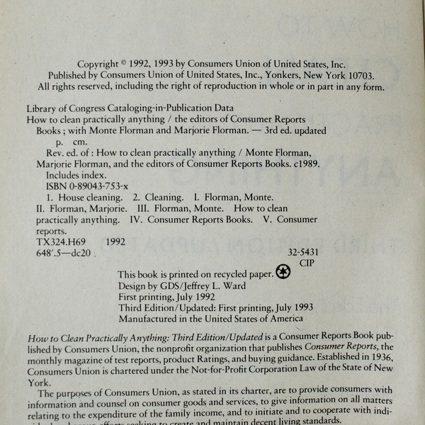 How to Clean Practically Anything - Consumer Reports 1993 Paperback