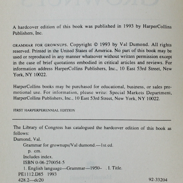 Grammar for Grownups by Val Dumond 1993 Paperback - Good Condition