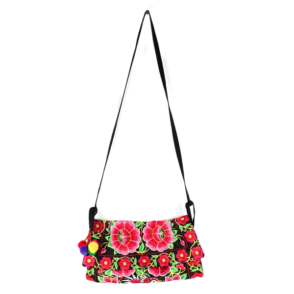 Embroidered Black Silk Shoulder Bag with Pink Flowers Women's Bag