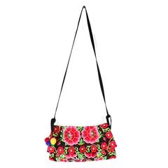 Embroidered Black Silk Shoulder Bag with Pink Flowers Women's Bag