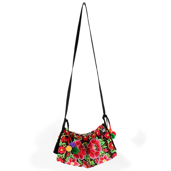 Embroidered Black Silk Shoulder Bag with Pink Flowers Women's Bag