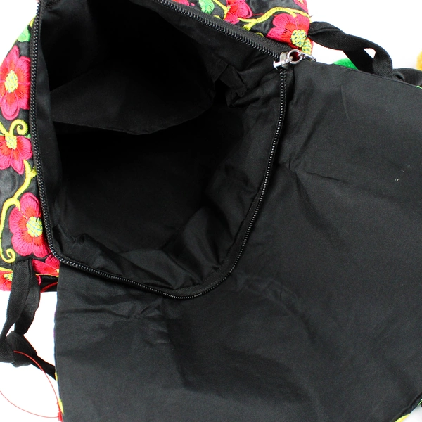 Embroidered Black Silk Shoulder Bag with Pink Flowers Women's Bag