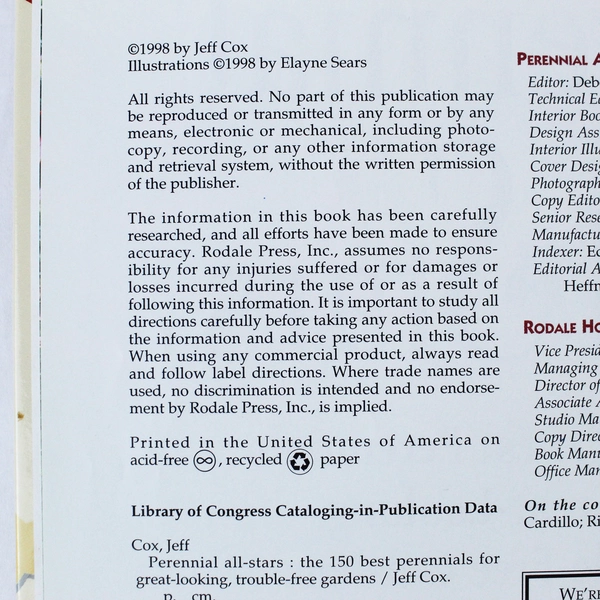 Perennial All Stars by Jeff Cox 1998 Hardcover - Great Perennials Guide