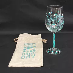 Grey Barn Hand-Painted Happy Birthday Crystal Wine Glass & Bag - Good Condition