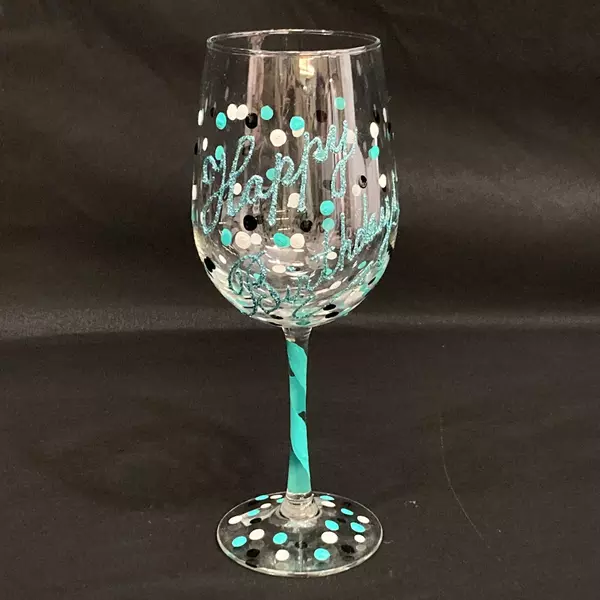 Grey Barn Hand-Painted Happy Birthday Crystal Wine Glass & Bag - Good Condition