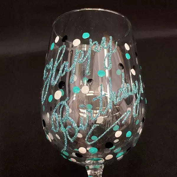 Grey Barn Hand-Painted Happy Birthday Crystal Wine Glass & Bag - Good Condition