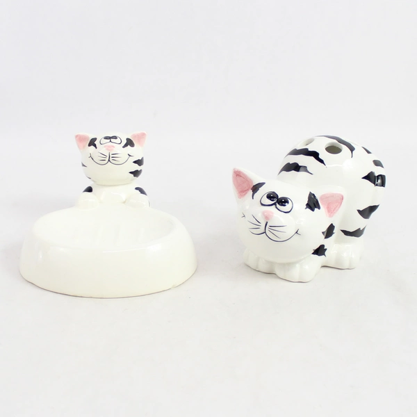 Set of 2 Striped Cat Ceramic Bathroom Accessories, Toothbrush & Soap Holder 