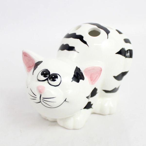 Set of 2 Striped Cat Ceramic Bathroom Accessories, Toothbrush & Soap Holder 