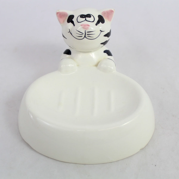 Set of 2 Striped Cat Ceramic Bathroom Accessories, Toothbrush & Soap Holder 