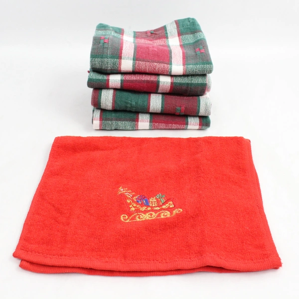 Lot of 5 Plaid and Embroidered Christmas Cotton Tea Towels