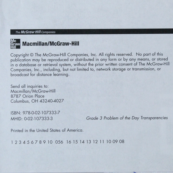 McGraw-Hill Math Connects 3 Problem of the Day Transparencies - Pre-Owned