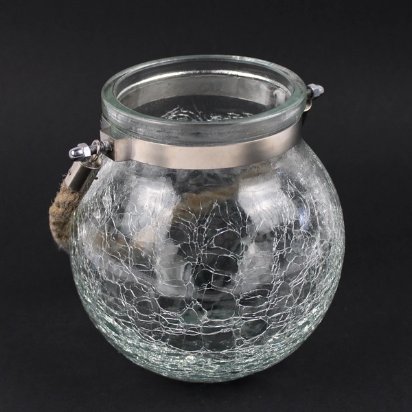 Round Clear Crackled Glass Candle Lantern 5.5" with Rope Handle No Candle