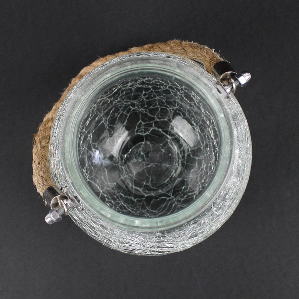 Round Clear Crackled Glass Candle Lantern 5.5" with Rope Handle No Candle