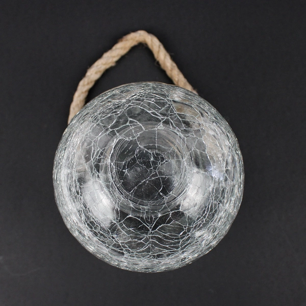Round Clear Crackled Glass Candle Lantern 5.5" with Rope Handle No Candle