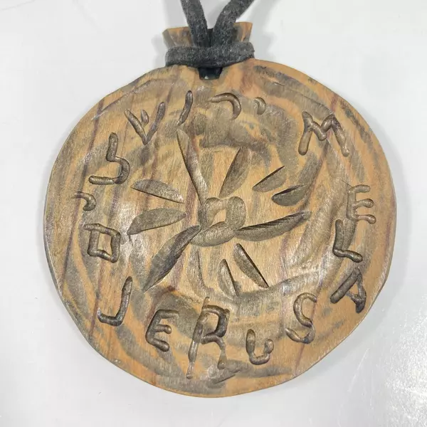 Jerusalem Souvenir Olive Wood Disk Necklace