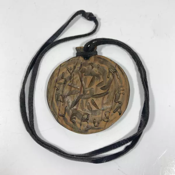 Jerusalem Souvenir Olive Wood Disk Necklace