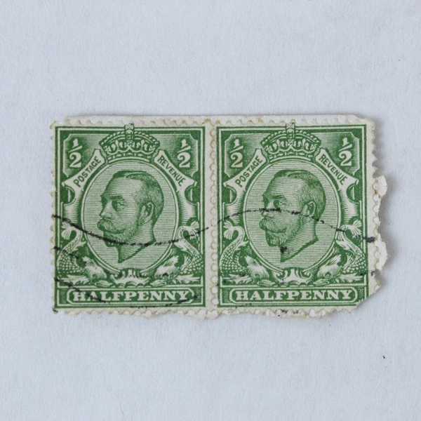 Lot of 2 Used King George V Green Half Penny Stamps on Paper